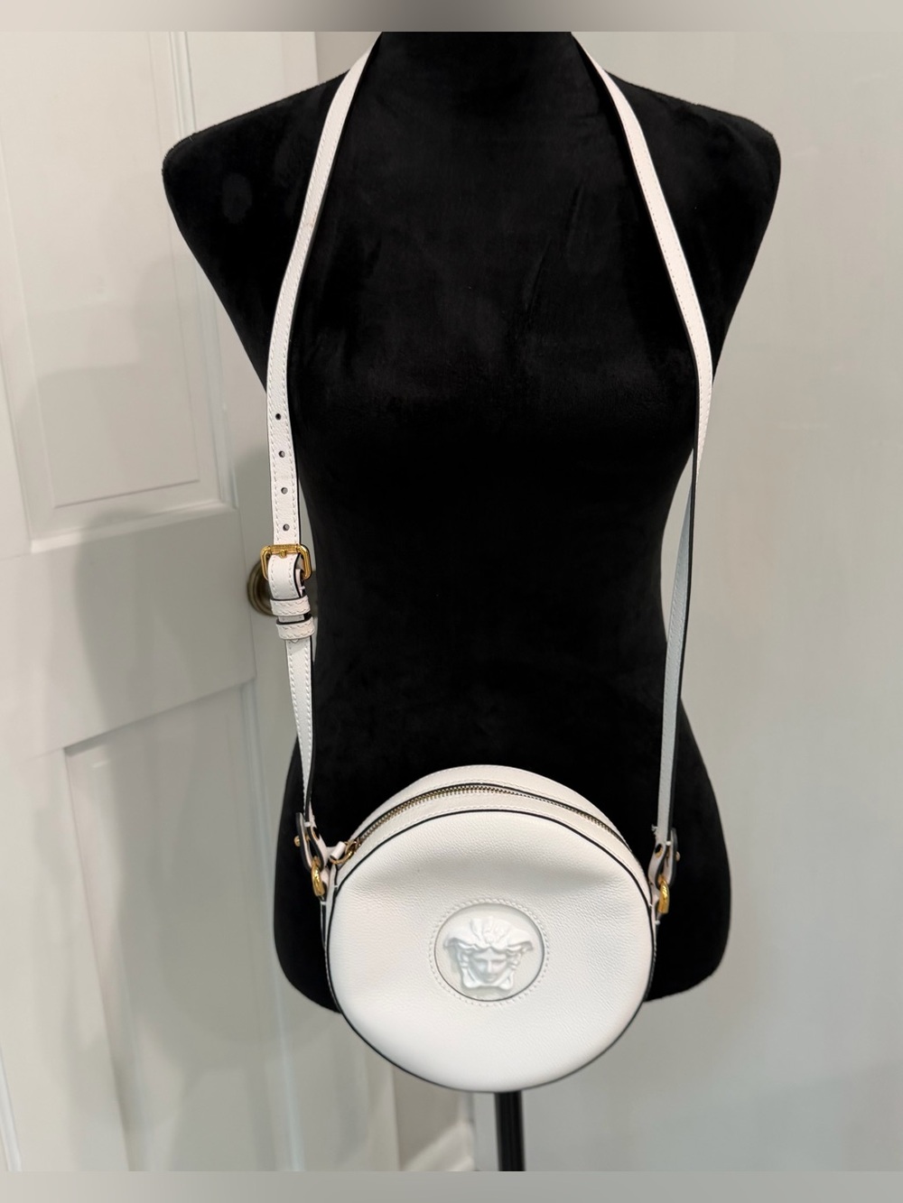 Versace White Round Leather Crossbody Bag with Embossed Medusa